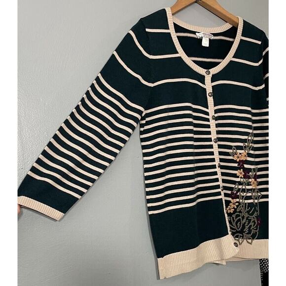 Christopher & Banks Cardigan Size Medium Embroidered Floral Dark Green Cottage - Picture 3 of 9